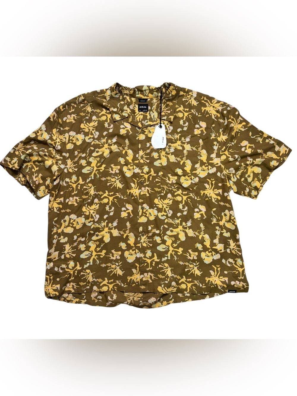 New Men's prAna Peacepath Button Up Shirt Hemp/Modal Retro Olive Digibloom XXL